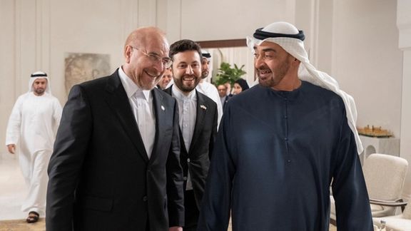 United Arab Emirates President Sheikh Mohammed Bin Zayed Al Nahyan receives Speaker of the Parliament of Iran Mohamed Bagher Ghalibaf prior to a meeting at Al Shati Palace, in Abu Dhabi, United Arab Emirates, October 5, 2023.
