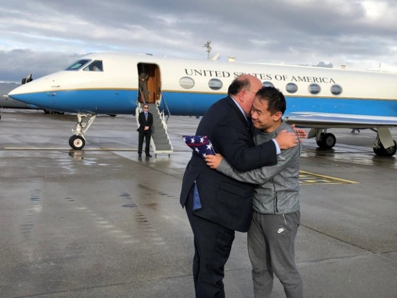 Xiyue Wang arriving in Switzerland after being freed by Iran. December 2019