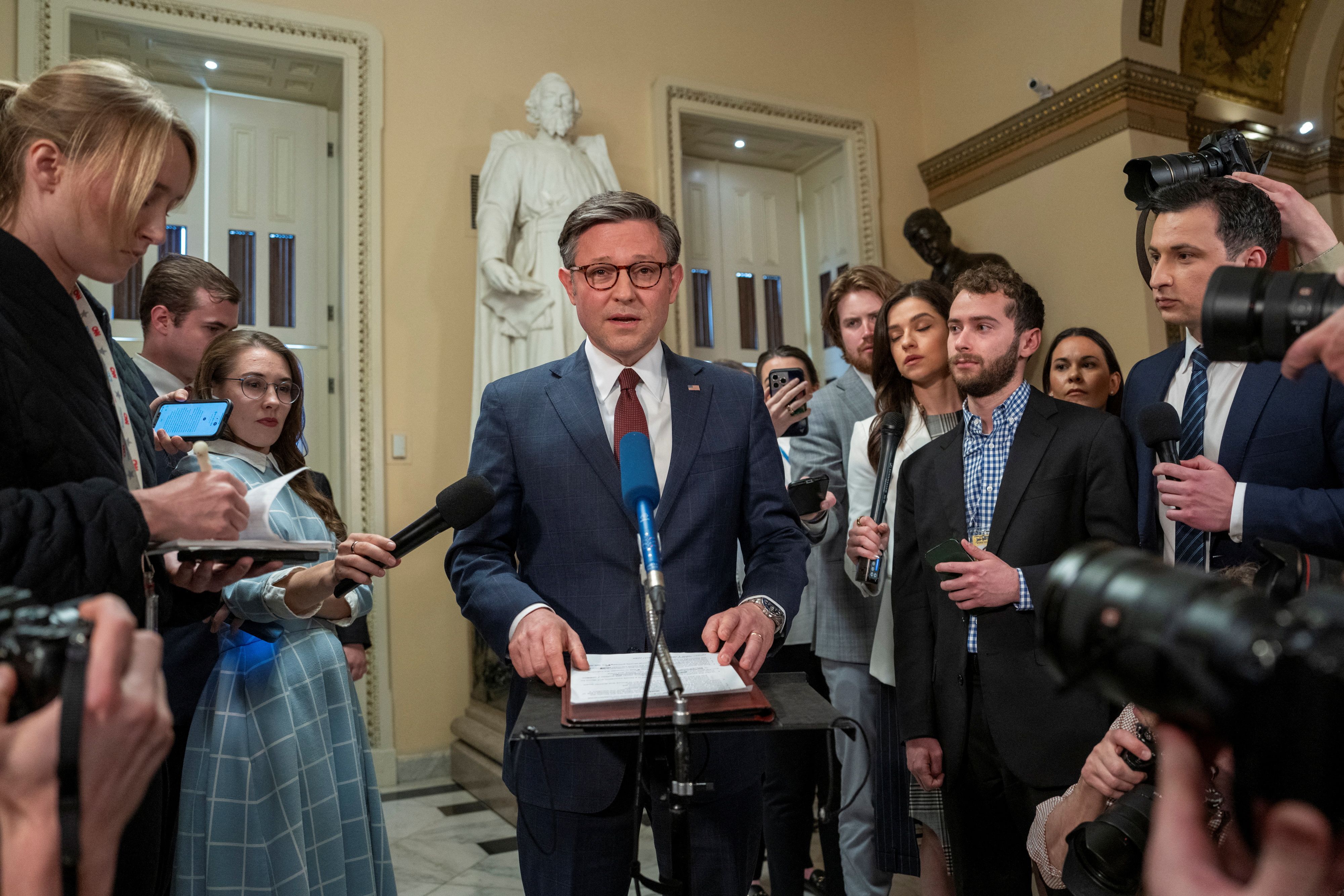 Speaker of the US House of Representatives Mike Johnson (R-LA) speaks to members of the media on the day the House approved legislation providing $95 billion in security assistance. April 20, 2024