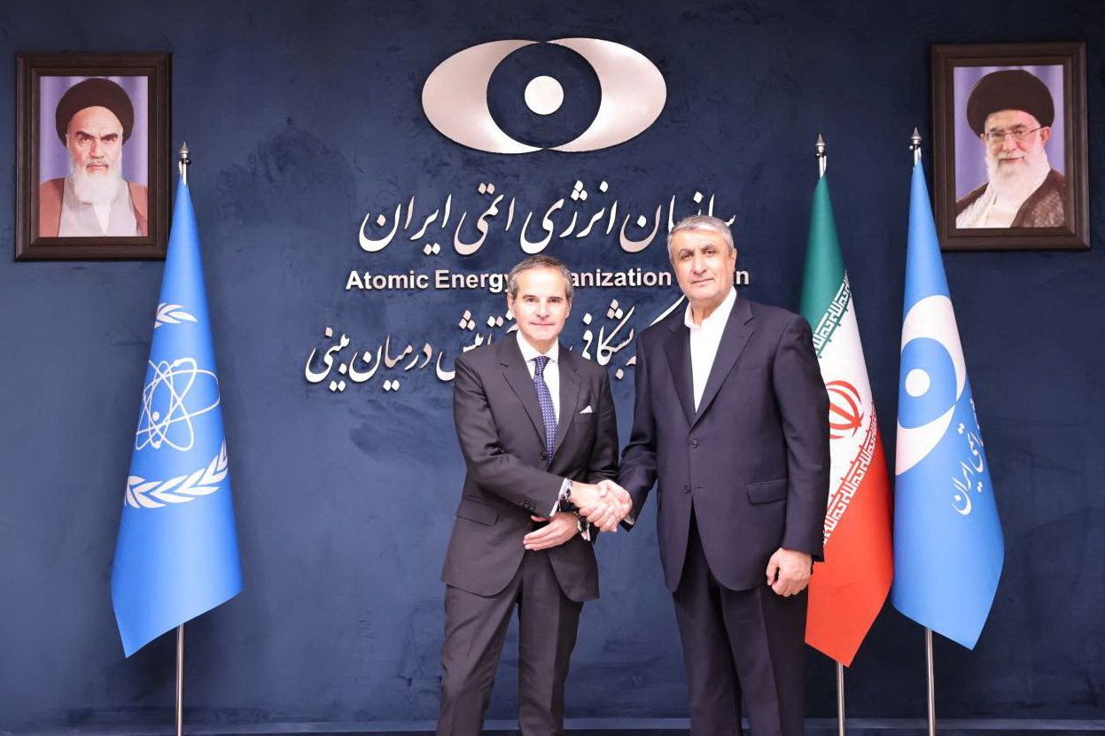 International Atomic Energy Agency (IAEA) Director General Rafael Grossi meets with the head of Iranian Atomic Energy Organisation, Mohammad Eslami, in Tehran, Iran, April 17, 2025. 