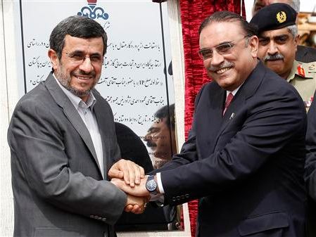 Iran's former president Mahmoud Ahmadinejad (left) shaking hands with his Pakistani counterpart Asif Ali Zardari, during a groundbreaking ceremony to mark the start of construction of the Iran-Pakistan gas pipeline, in the city of Chabahar in southeastern Iran March 11, 2013