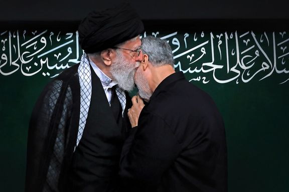 Iran's ruler Ali Khamenei kissing Qasem Soleimani, the slain commander of IRGC's extraterritorial Quds (Qods) force