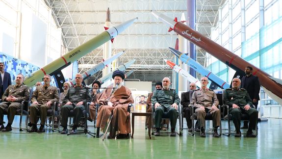 Iran’s Supreme Leader Ali Khamenei and top brass during an exhibition showcasing latest drones and missiles made by the Revolutionary Guard’s Aerospace Force on November 19, 2023