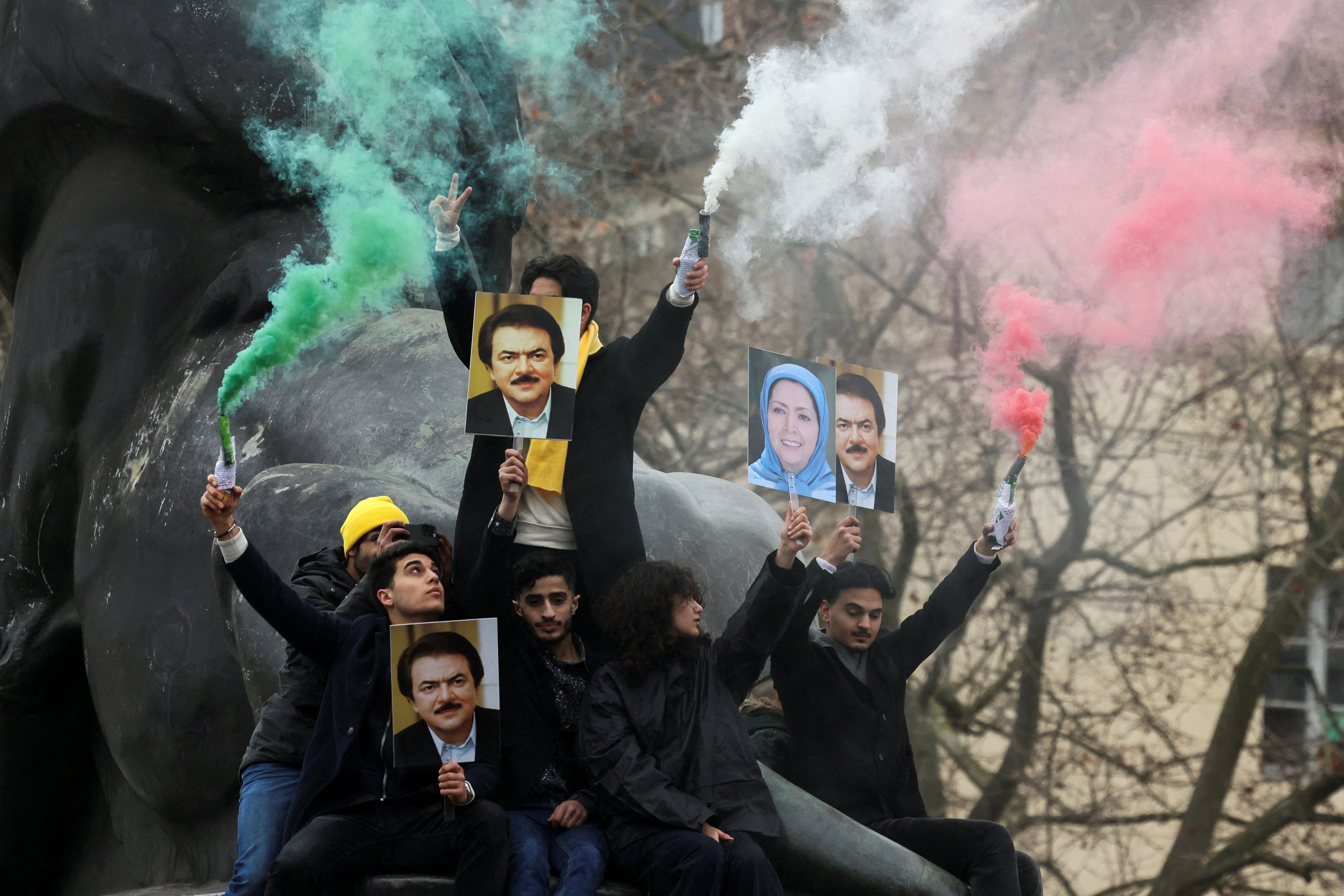 Supporters of the exiled National Council of Resistance of Iran opposition group-- also known as the MEK -- rally in solidarity with the Iranian people, in Paris, France, February 12, 2023. 