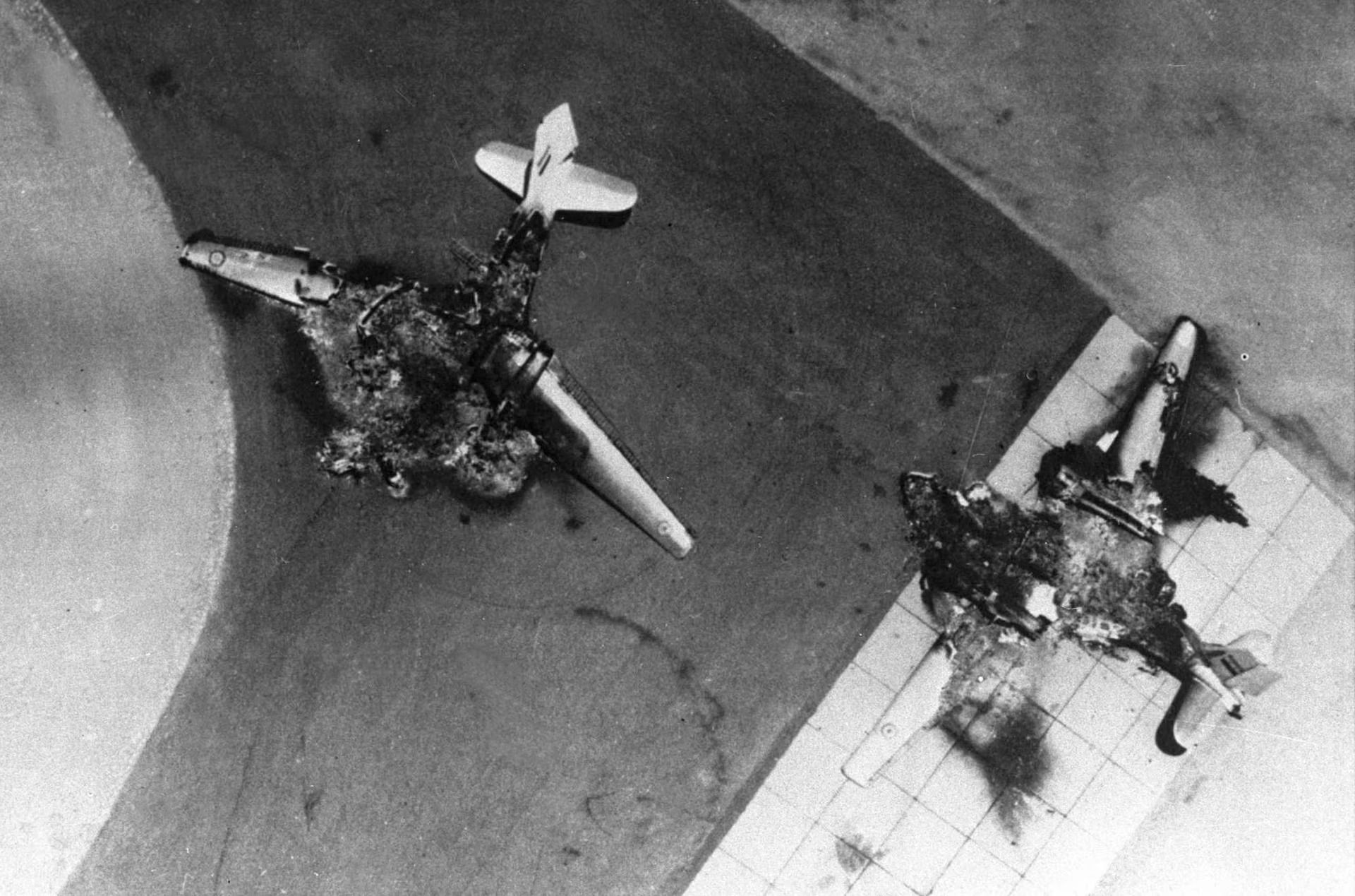 Egyptian fighter jets are seen after being destroyed by Israel's Air Force. File photo