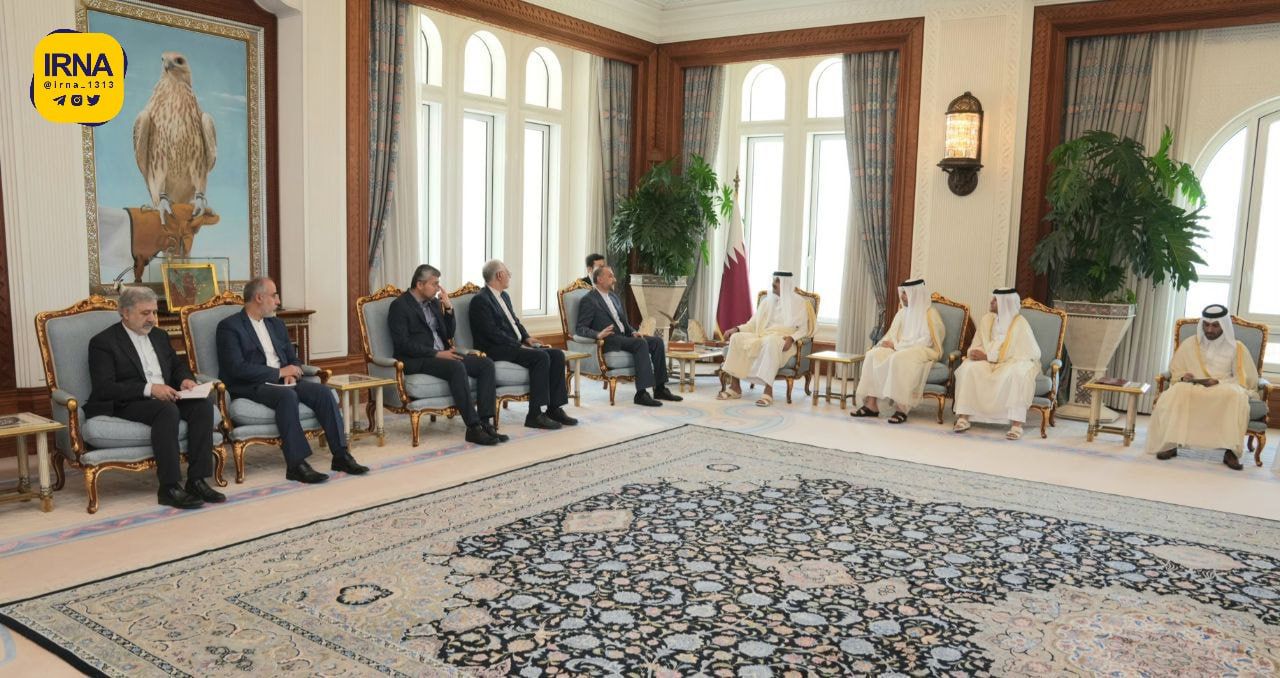 Iran’s Foreign Minister Hossein Amir-Abdollahian and his delegation during a meeting with Emir of Qatar Tamim bin Hamad Al Thani in Doha on June 20, 2023