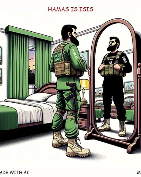 An artpiece pointing out the similarity of Hamas fighters to those of ISIS