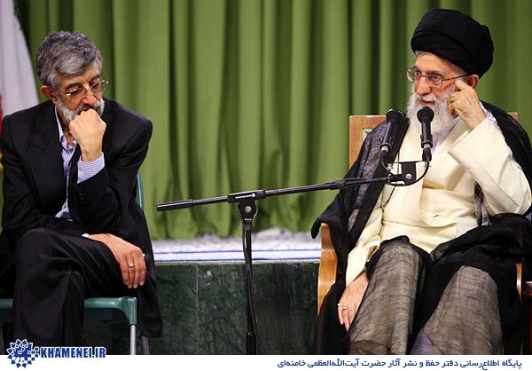 Former chairman of the Parliament Gholam-Ali Haddad-Adel (left) and Supreme Leader Ali Khamenei (undated)