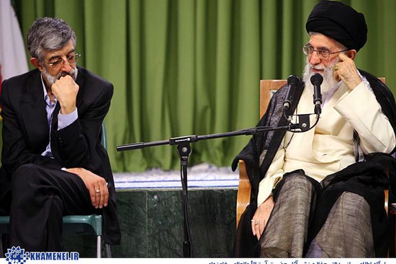 Former chairman of the Parliament Gholam-Ali Haddad-Adel (left) and Supreme Leader Ali Khamenei (undated)