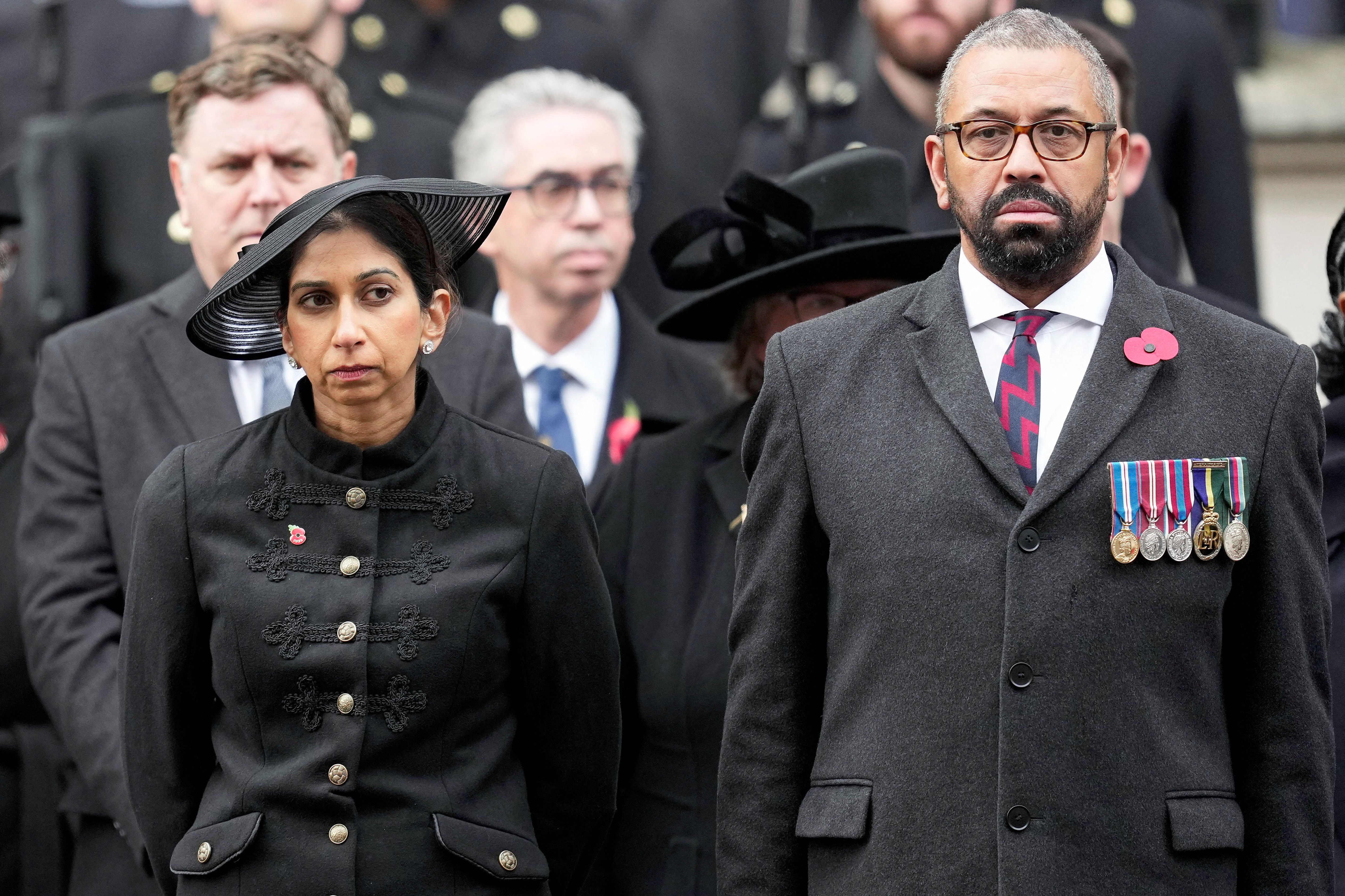 Britain's Home Secretary Suella Braverman and Foreign Secretary James Cleverly attend the National Service of Remembrance at The Cenotaph on Whitehall in London, Britain November 12, 2023. 