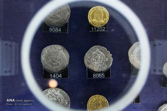 Several ancient Iranian coins on display at the Museum of Coin or the Coin Gallery of Sepah Bank, downtown Tehran