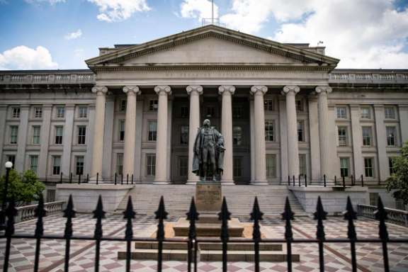 A statue of former Sen. Albert Gallatin stands at the Treasury Department in Washington, April 25, 2021.