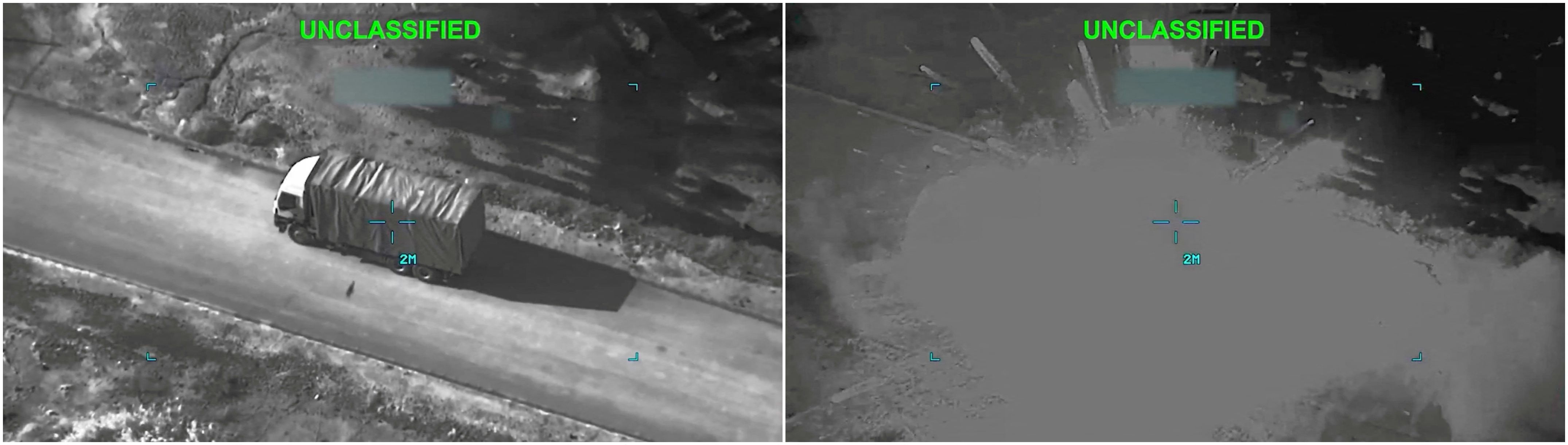 A combination image shows a projectile reaching an imported Iveco truck (left) and explosion after imported Iveco truck was hit by a projectile at a location given as Iran during what US Central Command (CENTCOM) says are strikes targeting Iranian mobile missile-launch capabilities, in this screengrab taken from a handout video released on March 5, 2026. U.S. Central CommandHandout via REUTERS