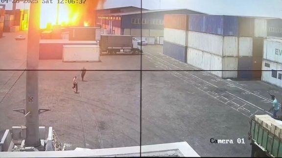 CCTV footage shows fire from the explosion at the Shahid Rajaee port in Bandar Abbas, Iran, April 26, 2025, as seen in this screengrab from a social media video.