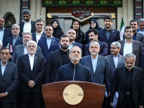 Iran's president Masoud Pezeshkian and his cabinet meeting journalists in Tehran, August 10, 2025