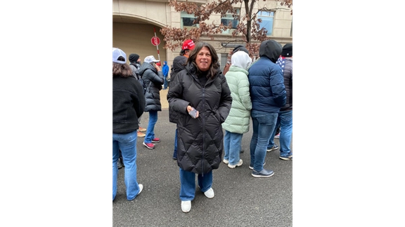 Sue Skelly from Southern California attending Trump's victory rally.