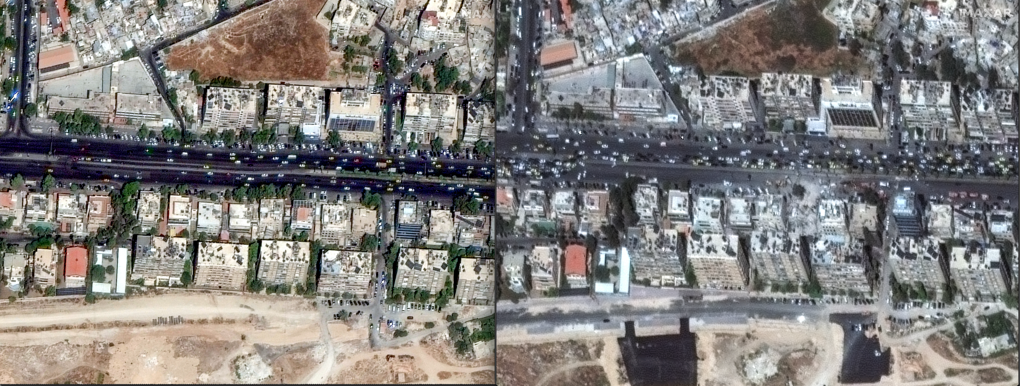 Satellite images show the Iranian embassy and consulate in Damascus before and after an Israeli strike.  (April 2024)