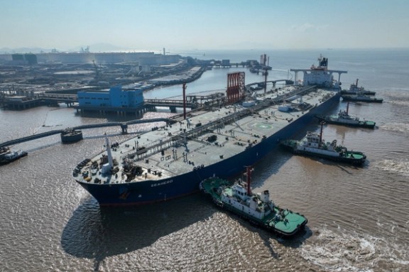 An aerial view shows a crude oil tanker at an oil terminal off Waidiao island in Zhoushan, Zhejiang province, China January 4, 2023.