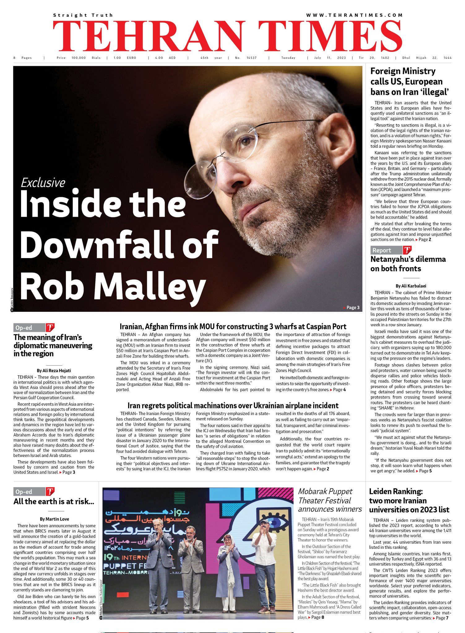 Tehran Times cover with a piece about US envoy for Iran Robert Malley 