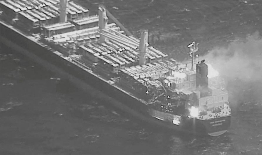 An aerial view of the Barbados-flagged ship True Confidence ablaze following a Houthi missile attack at sea, March 6, 2024.