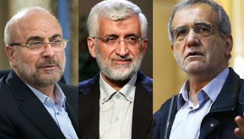 Presidential candidates Mohammad Bagher Ghalibaf (left),  Saeed Jalili (center) and Massoud Pezeshkian  