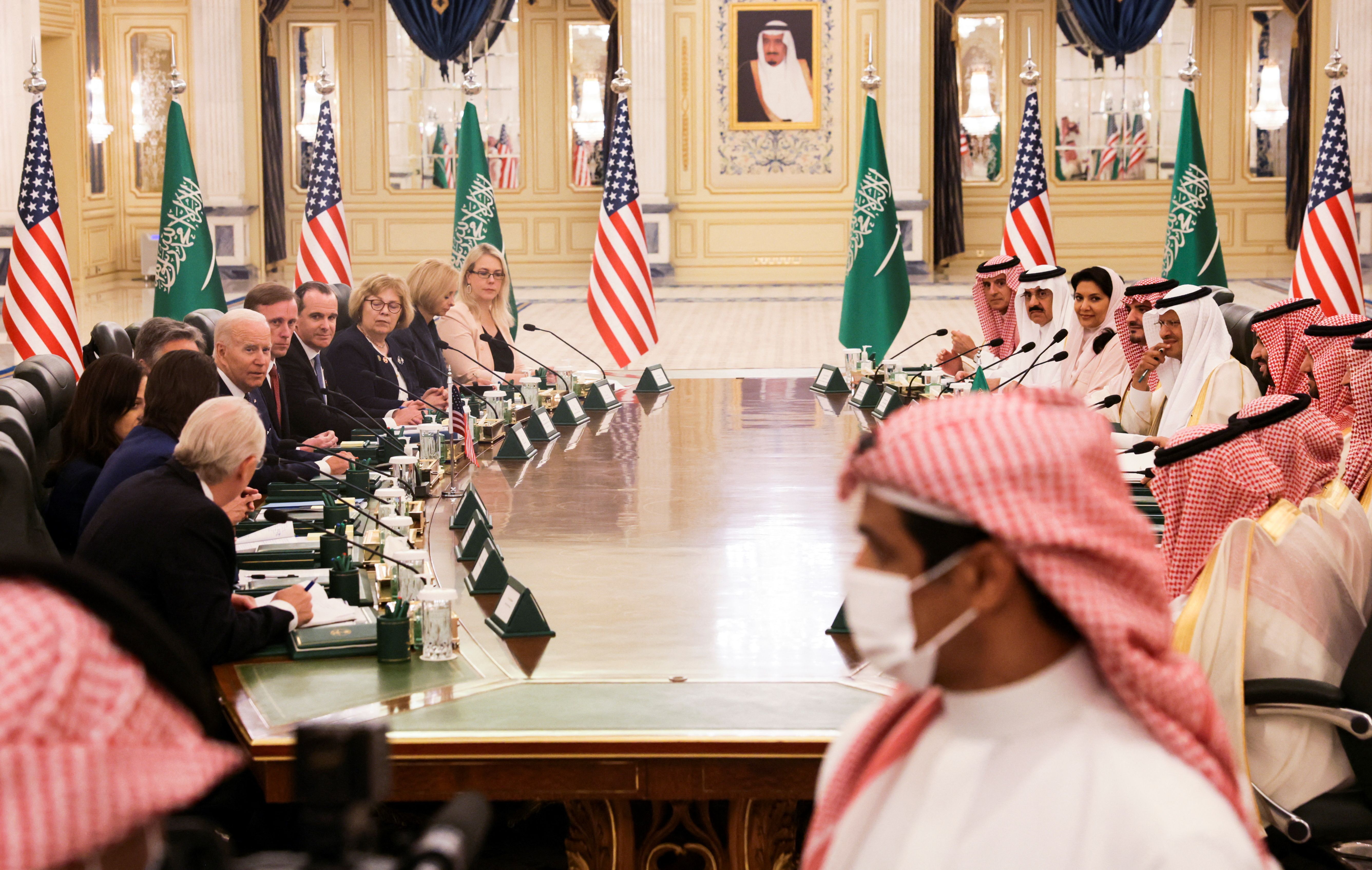 US President Joe Biden participates in a bilateral meeting with Saudi Arabia's Crown Prince Mohammed bin Salman, at Al Salam Royal Palace, in Jeddah, Saudi Arabia July 15, 2022. 
