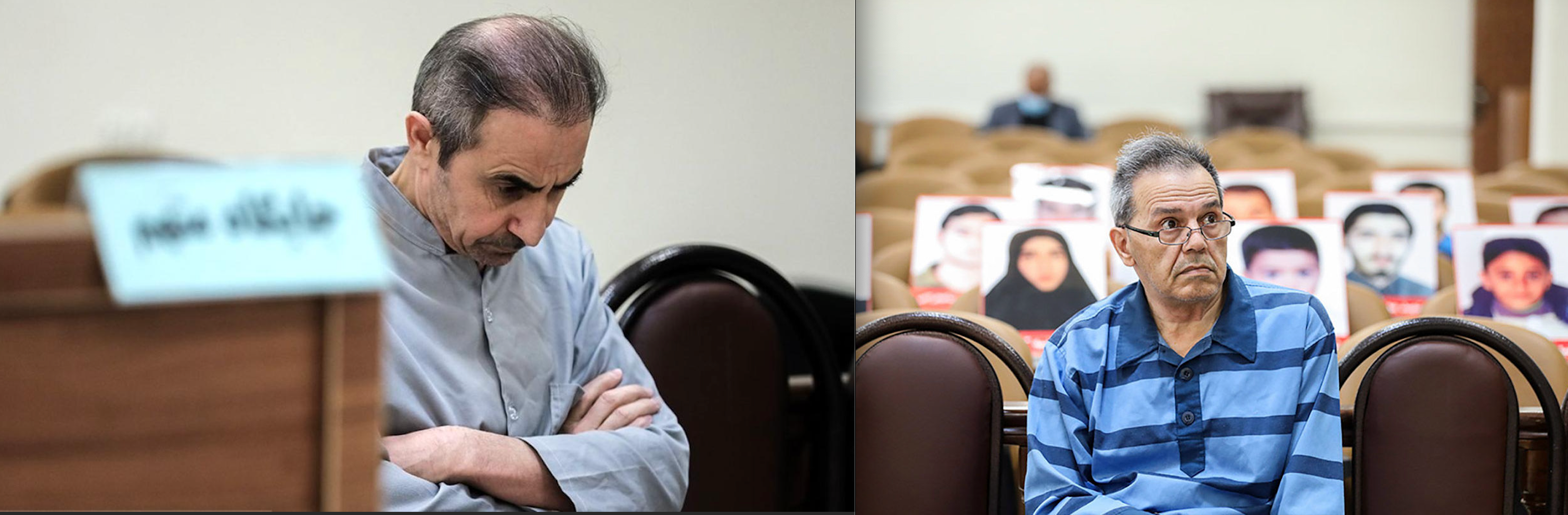 Habib Asyud (left), also known as Habib Chaab, and Jamshid Sharmahd in court sessions in Iran (undated)