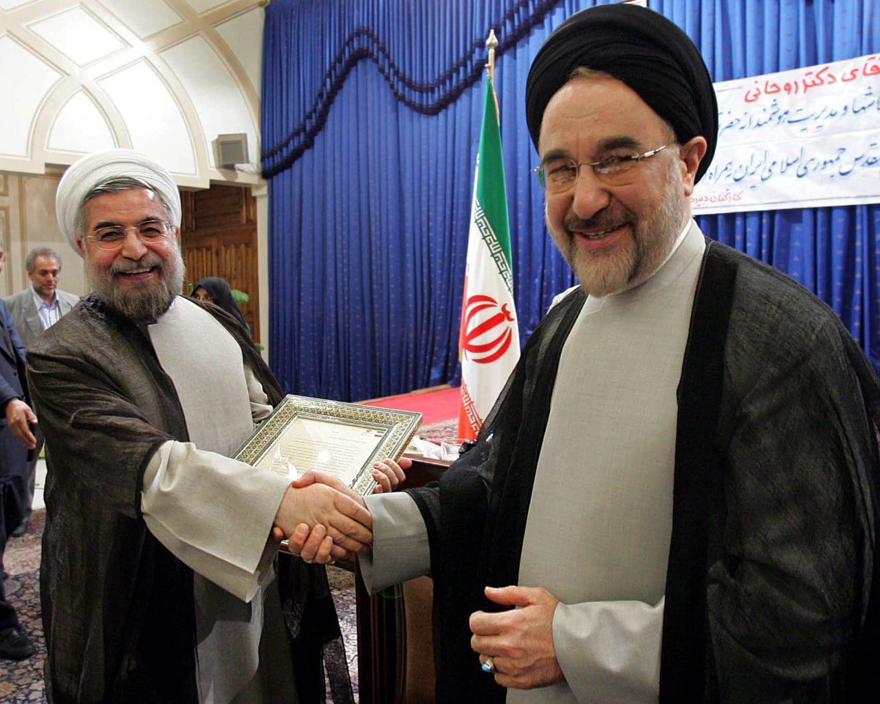 Former presidents Mohammad Khatami (right) and Hassan Rouhani  (undated)