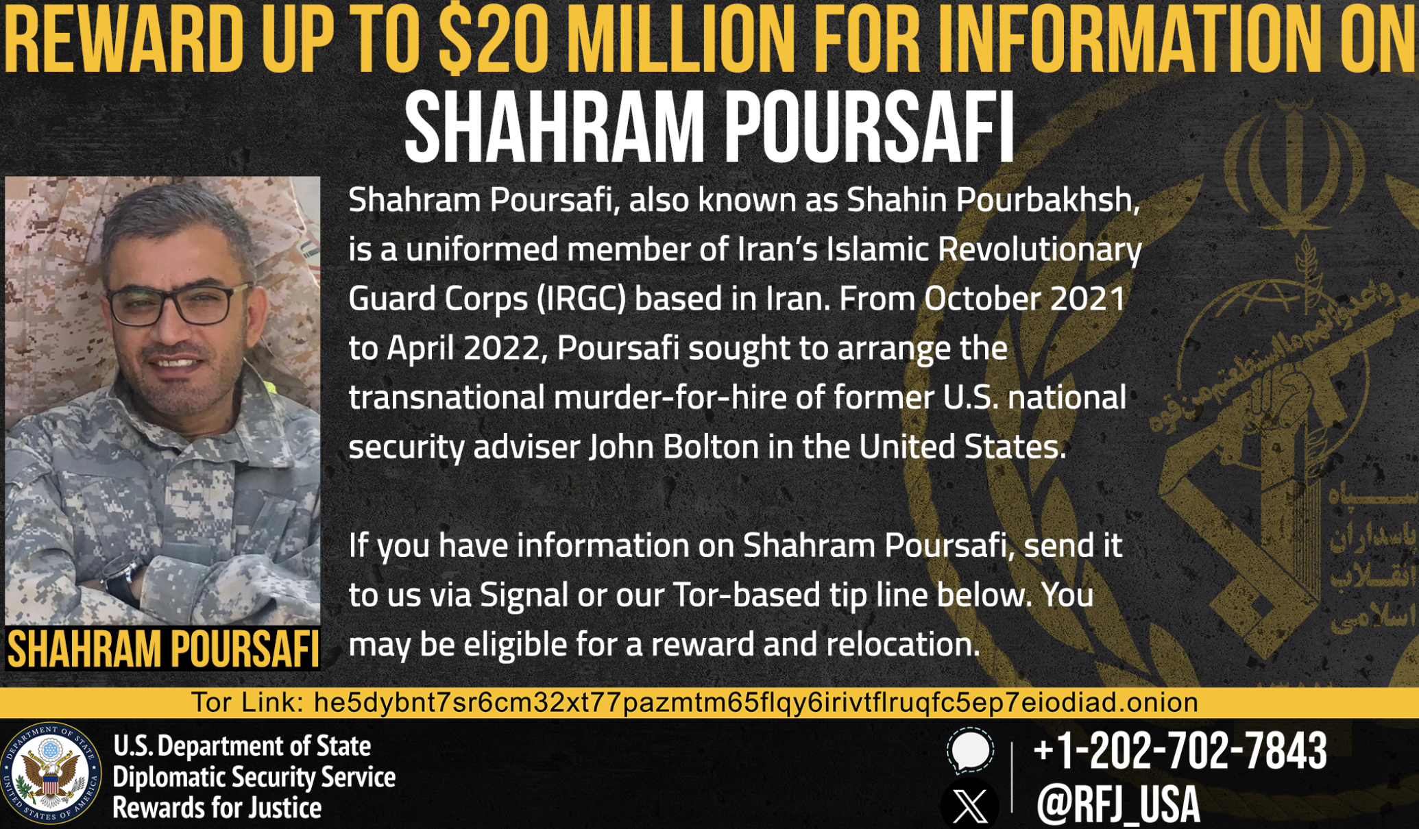 US sets $20 million reward for IRGC suspect in Bolton assassination plot