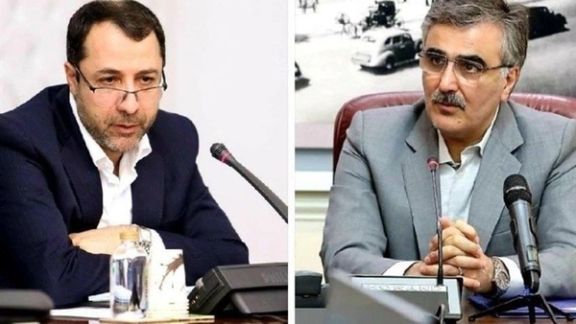 Former governor of the Central Bank of Iran Ali Salehabadi (left) and its new head Mohammad-Reza Farzin