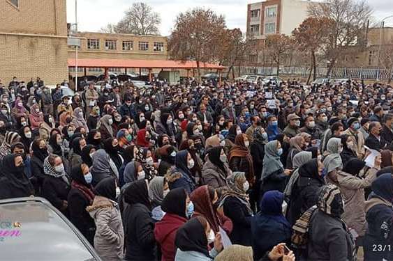 Teachers protest in Iran on Thursday.