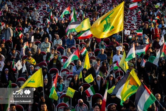 A regime-sponsored event to listen to a speech by Hezbollah’s leader Hassan Nasrallah in Tehran on November 3, 2023