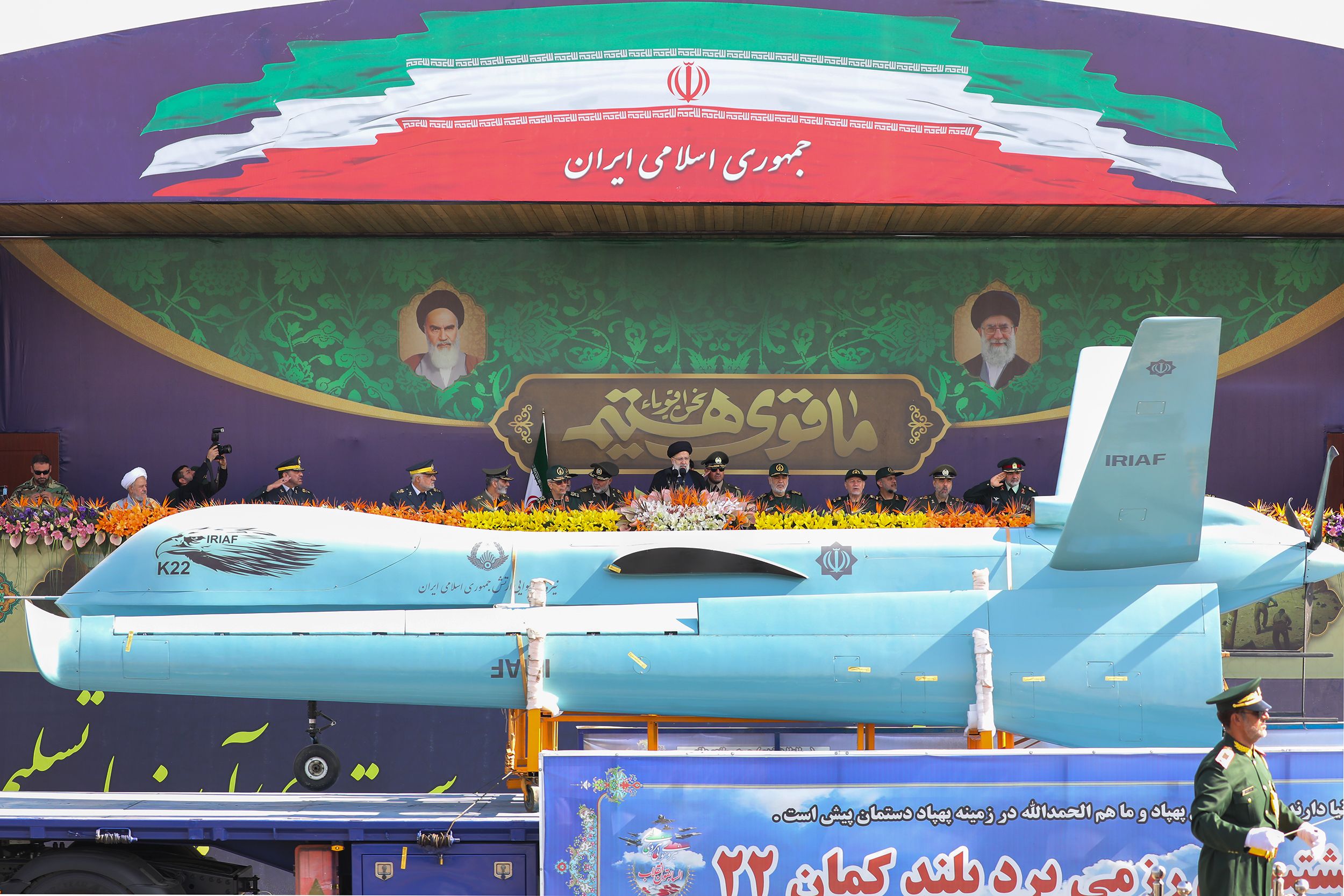 Iranian President Ebrahim Raisi during a military parade along with top military officials south of Tehran on September 22, 2023  