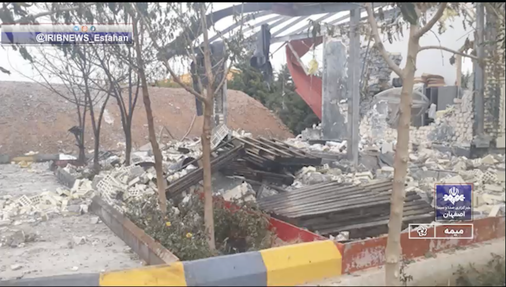 Screengrab from state media footage showing the aftermath of the explosion at the Ava Nar Parsian warehouse in Meymeh, Isfahan province, on 29 April 2025.