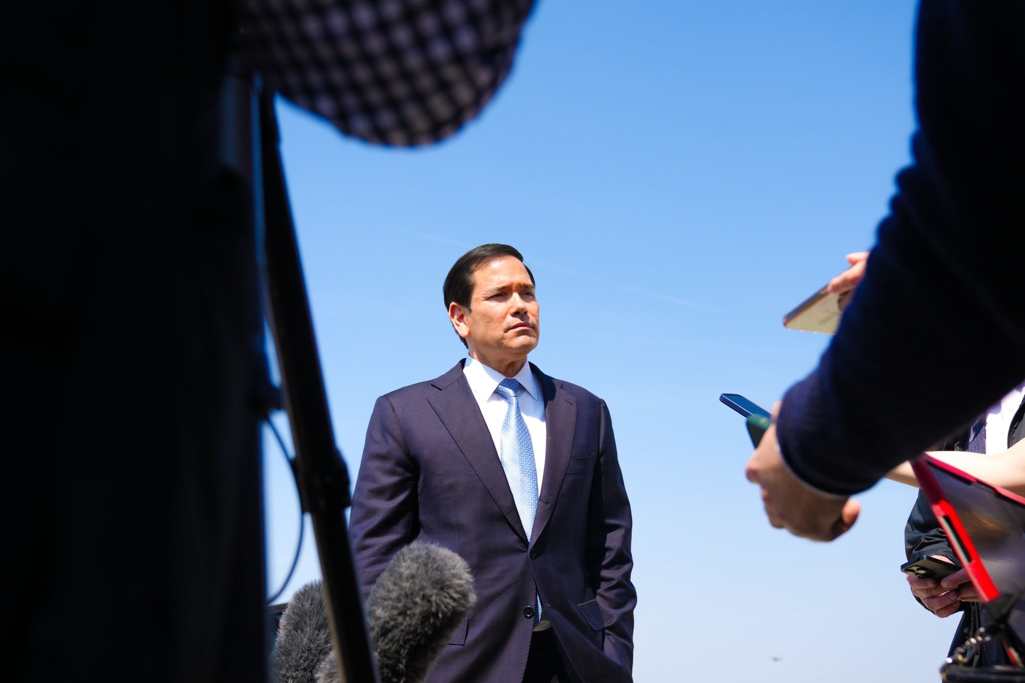 US Secretary of State Marco Rubio speaks with reporters.