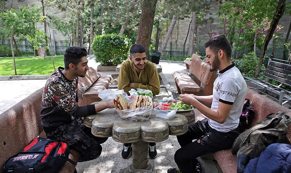Young men having lunch in a Tehran city park.