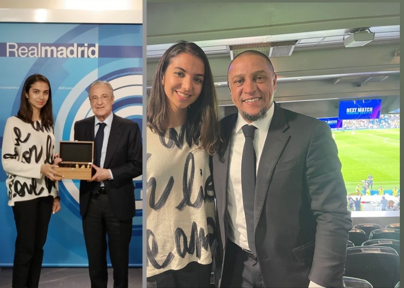 دیدار سارا خادم‌الشریعه با روبرتو کارلوس و رئیس باشگاه رئال مادرید در سانتیاگو برنابئو