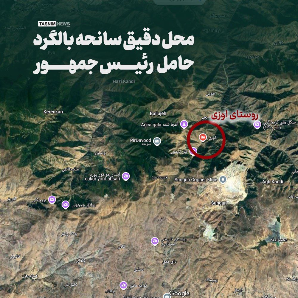Tasnim News claims the "exact location" of helicopter crash, pinpointing it on a map