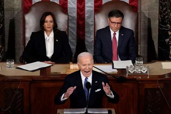 President Joe Biden delivering the State of the Union to the US Congress on March 8, 2024.