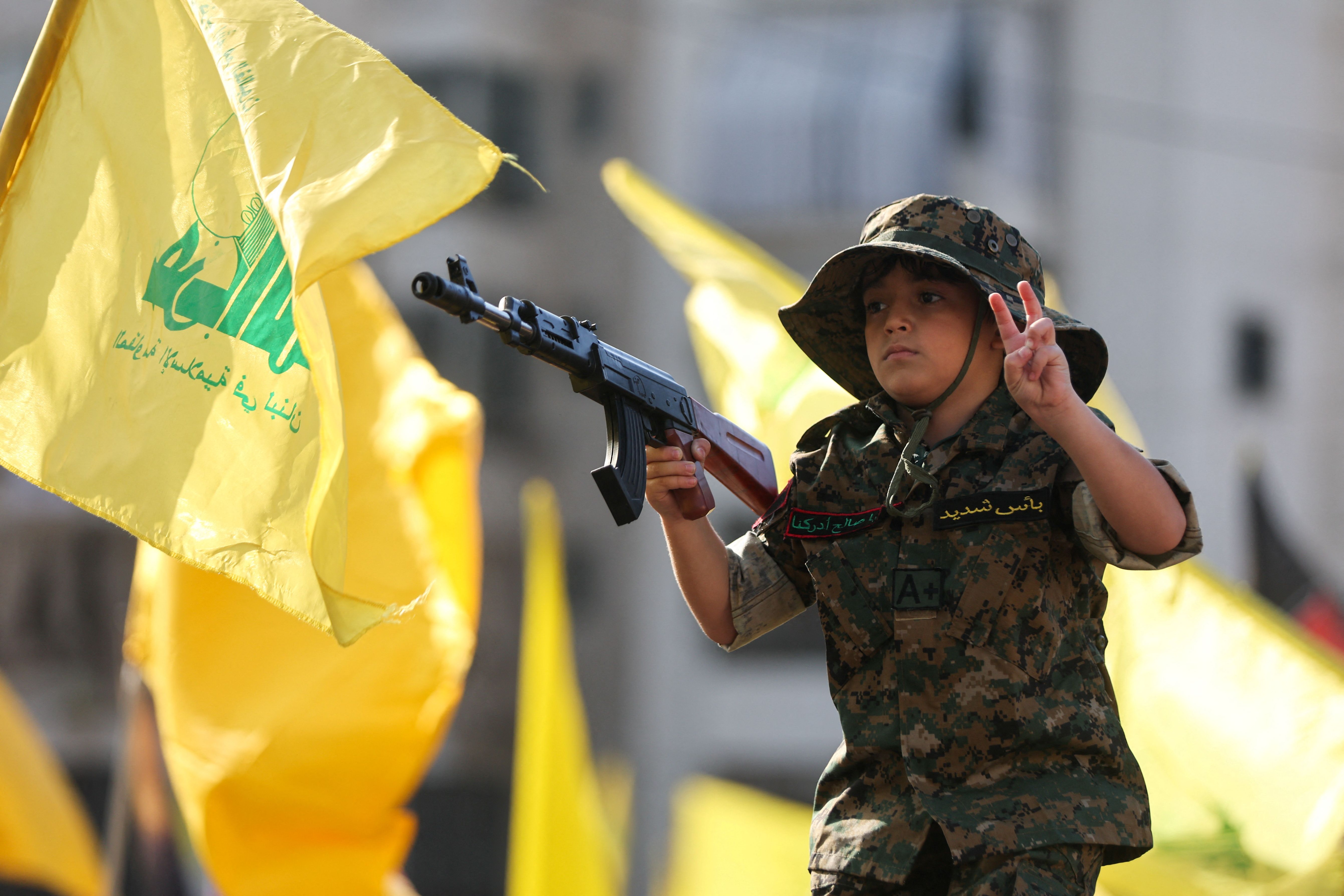 A child during a gathering by Hezbollah supporters to watch Lebanon's Hezbollah leader Hassan Nasrallah's address, in Beirut's southern suburbs, Lebanon November 3, 2023 