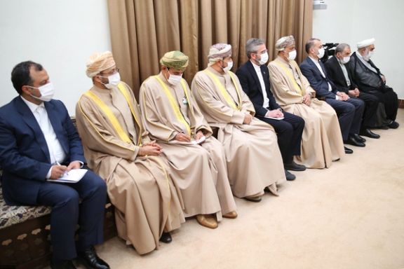 Iran’s top nuclear negotiator Ali Bagheri-Kani (center) during a meeting between Supreme Leader Ali Khamenei and Oman’s Sultan Haitham bin Tariq al-Said (not seen) in Tehran on May 29, 2023