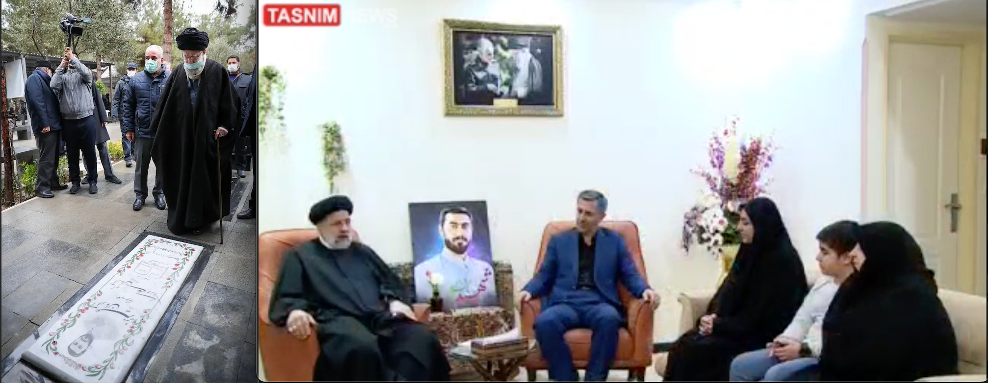 Iran’s Supreme Leader Ali Khamenei at the grave of Basij force member, Arman Aliverdi (left) Late Iranian president Ebrahim Raisi during a visit to Aliverdi’s family  (undated)