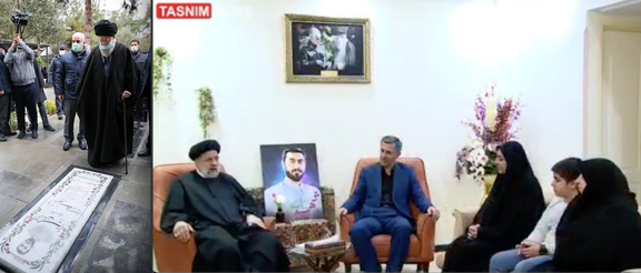 Iran’s Supreme Leader Ali Khamenei at the grave of Basij force member, Arman Aliverdi (left) Late Iranian president Ebrahim Raisi during a visit to Aliverdi’s family (undated)