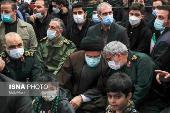 Iranian President Ebrahim Raisi among the commanders of Revolutionary Guards during the second death anniversary of IRGC Quds force commander Qasem Soleimani at Tehran’s Mosalla on January 3, 2022