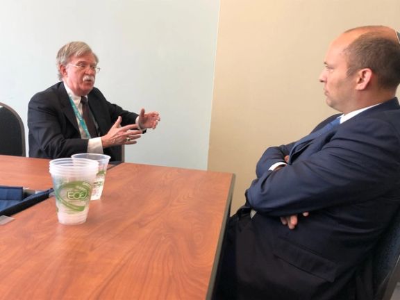 Former US National Security Advisor John Bolton (left) during a meeting with former Israeli Prime Minister Naftali Bennett (2018)