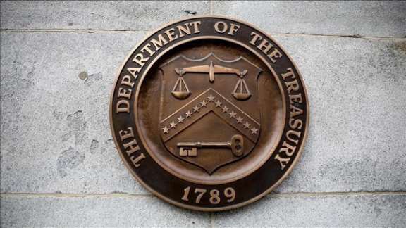 A bronze seal for the Department of the Treasury is shown at the US Treasury building in Washington