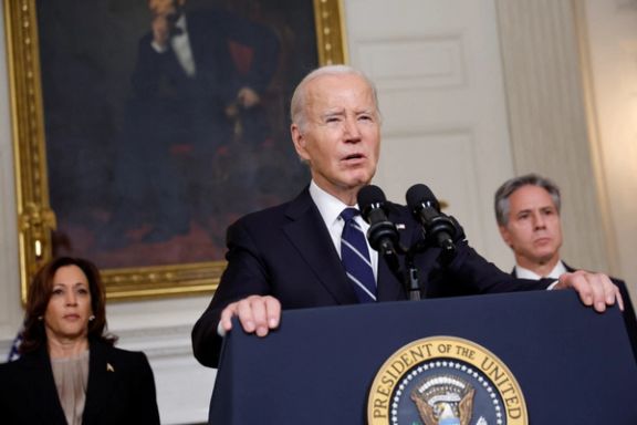 US President Joe Biden, accompanied by Vice President Kamala Harris and Secretary of State Antony Blinken, delivering and address following Hamas' deadly attacks on Israel, from the White House in Washington October 10, 2023