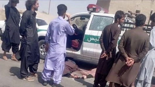 Photo published by local media shows the aftermath of an attack by gunmen on police patrols in Iranshahr, Sistan-Baluchestan province, August 22, 2025.