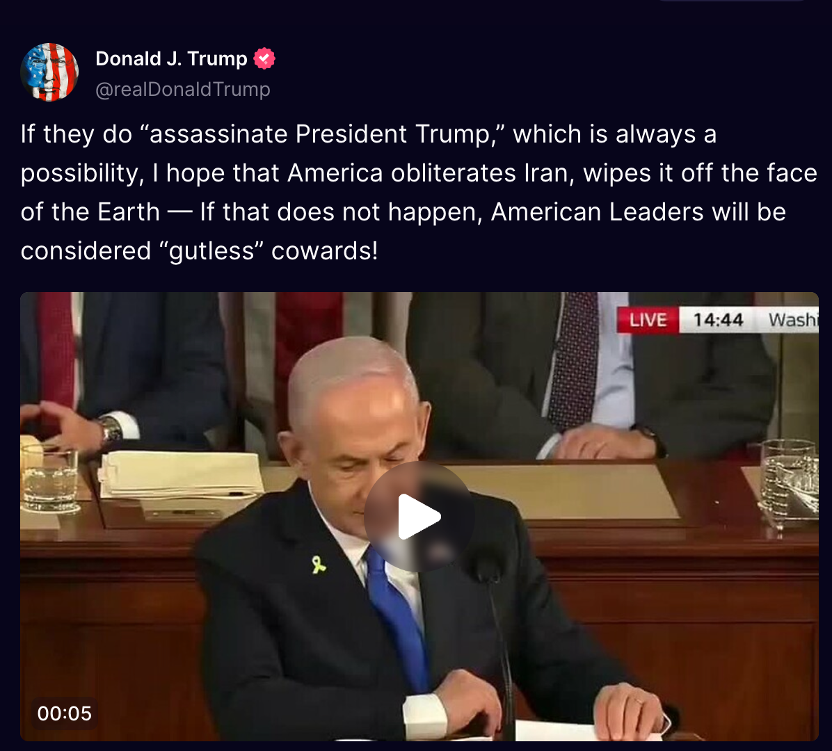 A screenshot of Donald Trump's post on Truth Social  (July 2024)