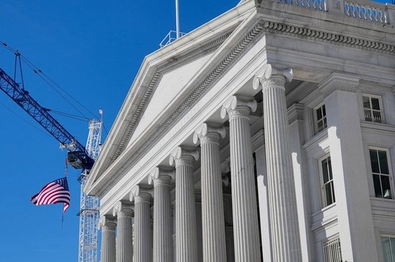 A general view of the Treasury Building on day two of a partial government shutdown in Washington, D.C., U.S., February 1, 2026.